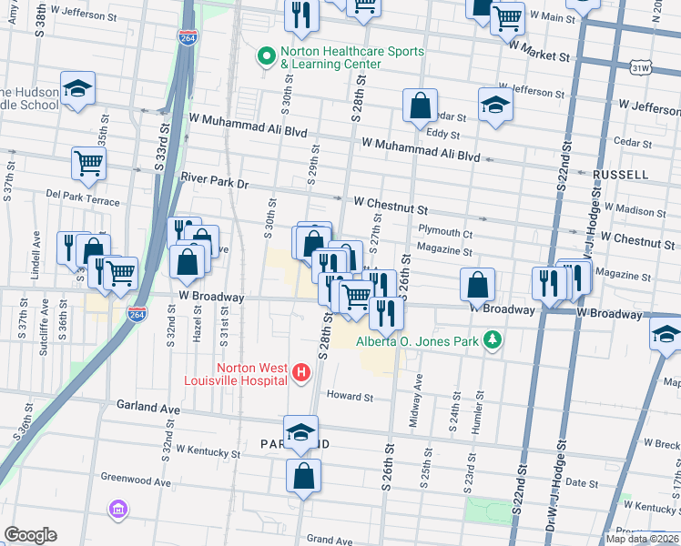 map of restaurants, bars, coffee shops, grocery stores, and more near 2801 West Broadway Avenue in Louisville
