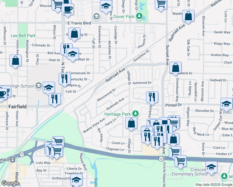 map of restaurants, bars, coffee shops, grocery stores, and more near 86 Rodondo Avenue in Suisun City