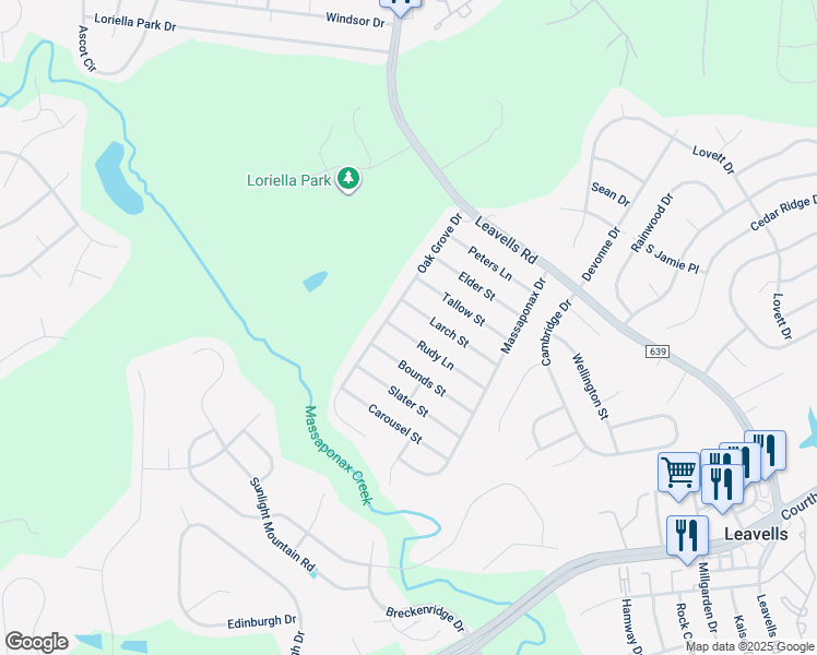 map of restaurants, bars, coffee shops, grocery stores, and more near 5525 Rudy Lane in Fredericksburg