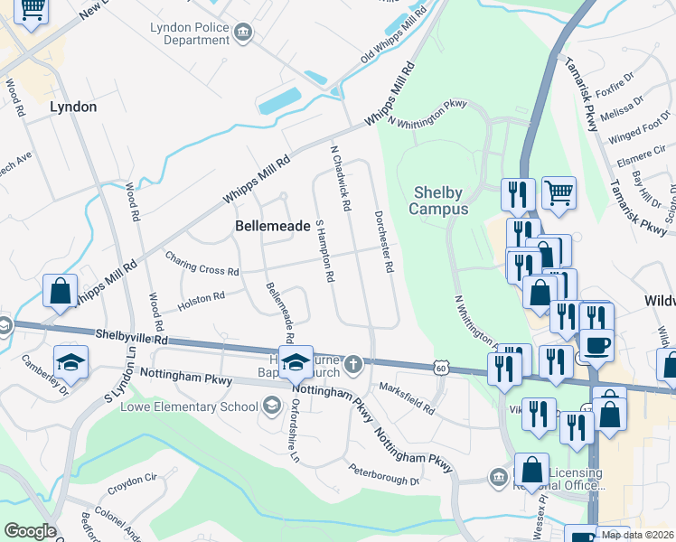 map of restaurants, bars, coffee shops, grocery stores, and more near 116 North Chadwick Road in Louisville