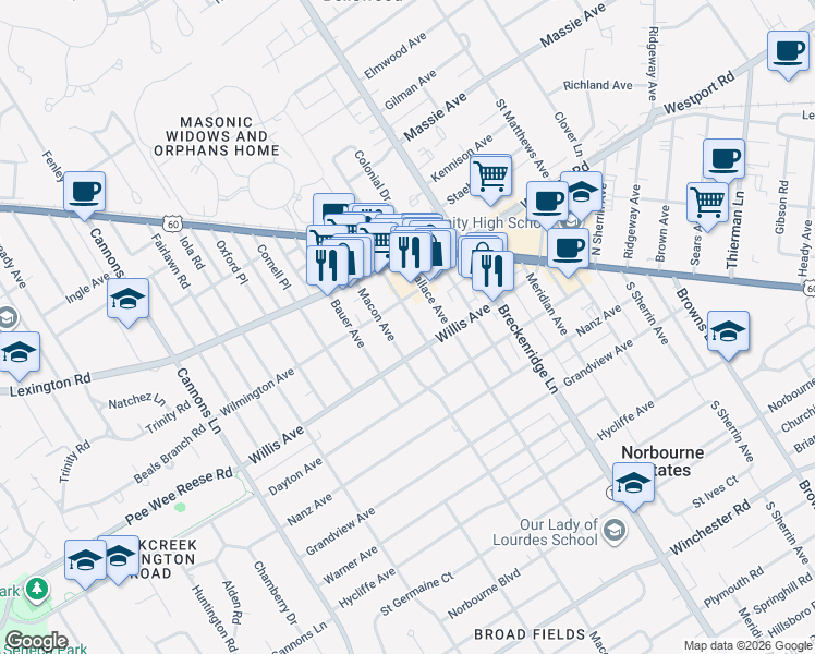 map of restaurants, bars, coffee shops, grocery stores, and more near 424 Wendover Avenue in Louisville
