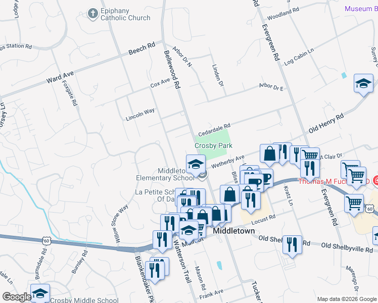 map of restaurants, bars, coffee shops, grocery stores, and more near 11517 Carriage Rest Court in Louisville
