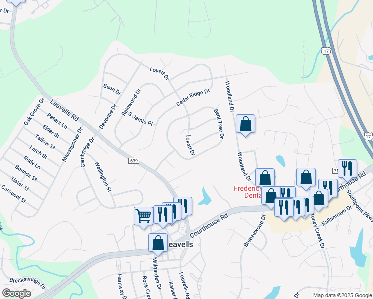 map of restaurants, bars, coffee shops, grocery stores, and more near 10632 Lovett Drive in Fredericksburg
