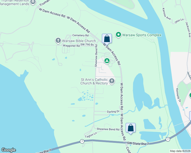 map of restaurants, bars, coffee shops, grocery stores, and more near 16400 Springfield Road in Warsaw