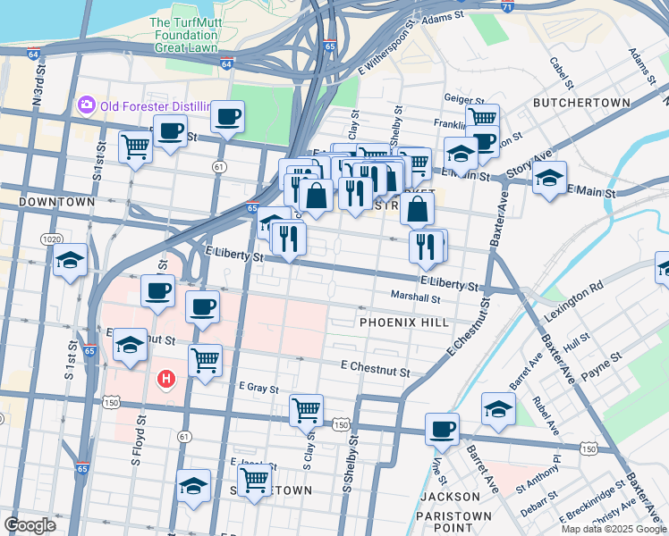 map of restaurants, bars, coffee shops, grocery stores, and more near East Liberty Street in Louisville