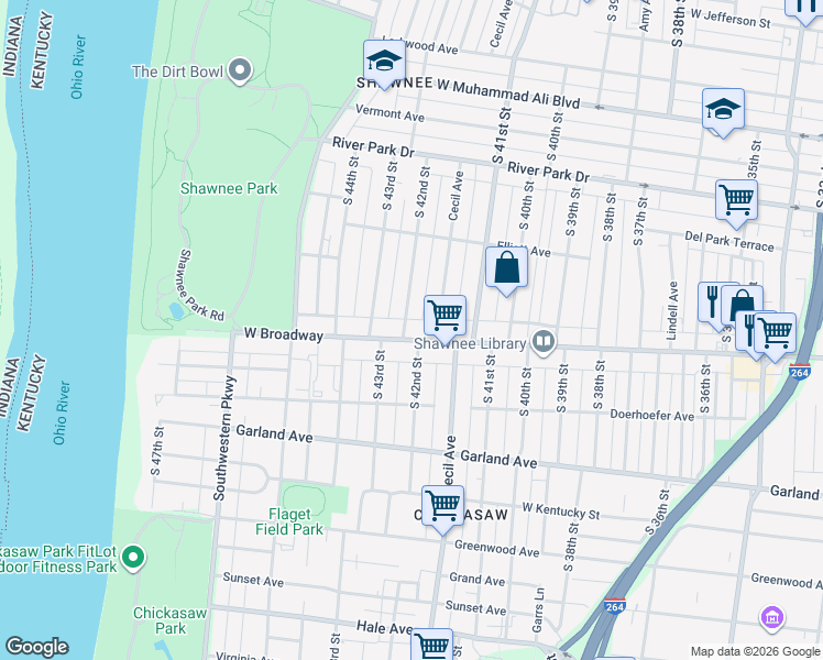 map of restaurants, bars, coffee shops, grocery stores, and more near 4206 West Broadway in Louisville