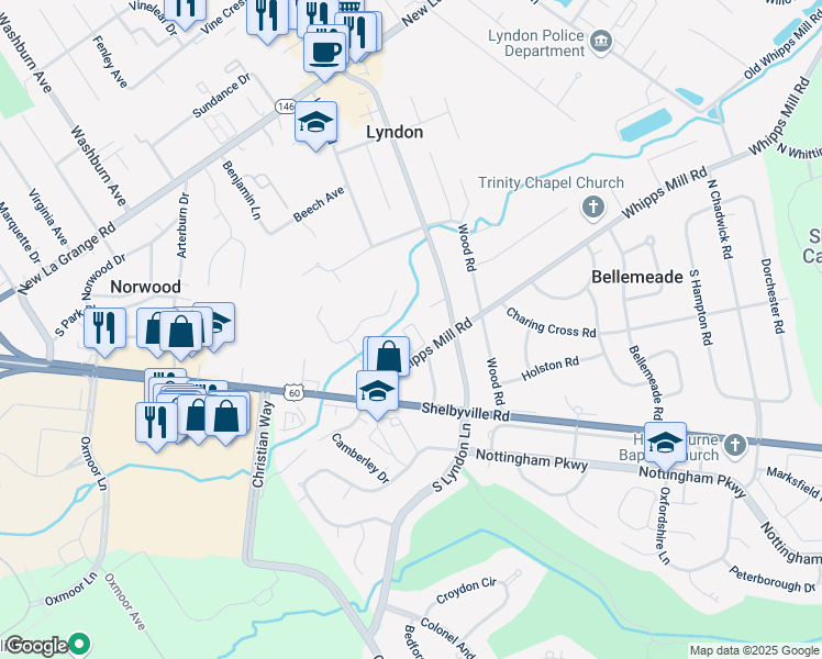 map of restaurants, bars, coffee shops, grocery stores, and more near 8225 Whipps Mill Road in Louisville