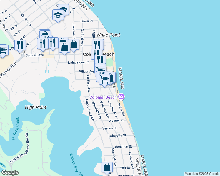 map of restaurants, bars, coffee shops, grocery stores, and more near 100 Taylor Street in Colonial Beach