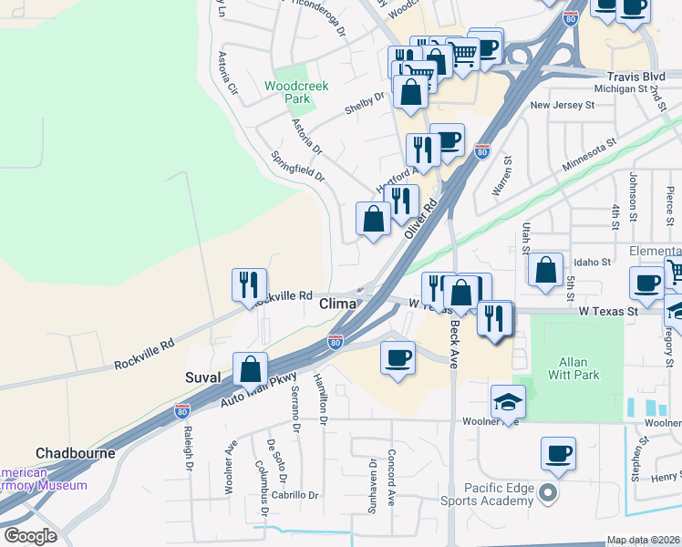 map of restaurants, bars, coffee shops, grocery stores, and more near 3046a Rockville Road in Fairfield