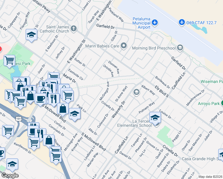 map of restaurants, bars, coffee shops, grocery stores, and more near in Petaluma