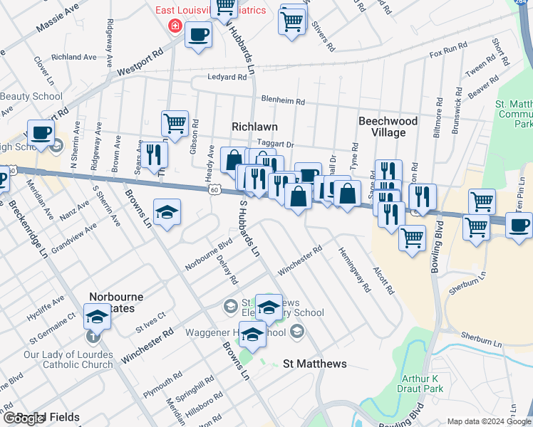 map of restaurants, bars, coffee shops, grocery stores, and more near 226 Norbourne Boulevard in Louisville