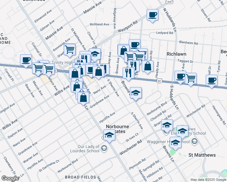 map of restaurants, bars, coffee shops, grocery stores, and more near 229 Fairfax Avenue in Louisville