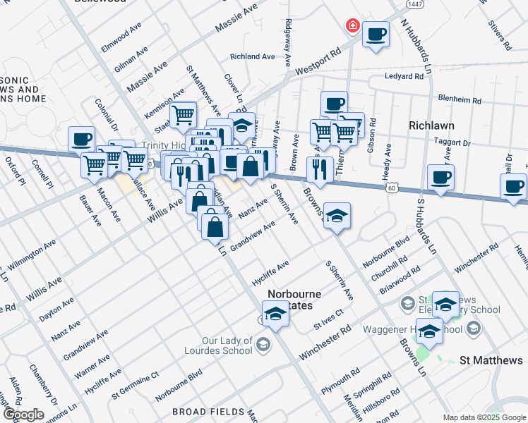 map of restaurants, bars, coffee shops, grocery stores, and more near 3941 Grandview Avenue in Louisville