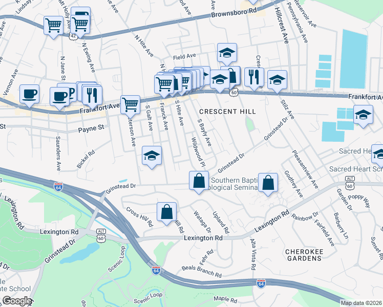 map of restaurants, bars, coffee shops, grocery stores, and more near 336 Wildwood Place in Louisville
