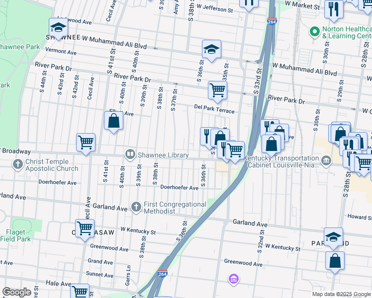 map of restaurants, bars, coffee shops, grocery stores, and more near 3622 West Broadway in Louisville