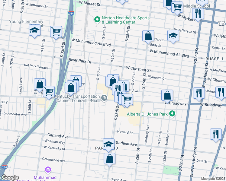 map of restaurants, bars, coffee shops, grocery stores, and more near 2801 West Broadway in Louisville