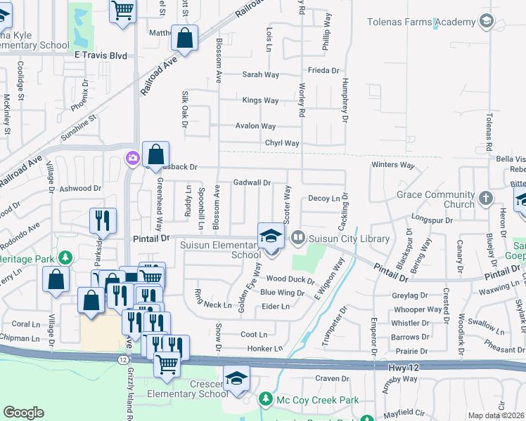 map of restaurants, bars, coffee shops, grocery stores, and more near 815 Golden Eye Way in Suisun City