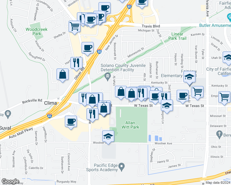 map of restaurants, bars, coffee shops, grocery stores, and more near 1962 Utah Street in Fairfield