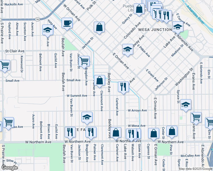 map of restaurants, bars, coffee shops, grocery stores, and more near 905 Berkley Avenue in Pueblo