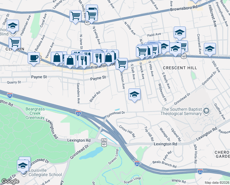 map of restaurants, bars, coffee shops, grocery stores, and more near 304 South Ewing Avenue in Louisville
