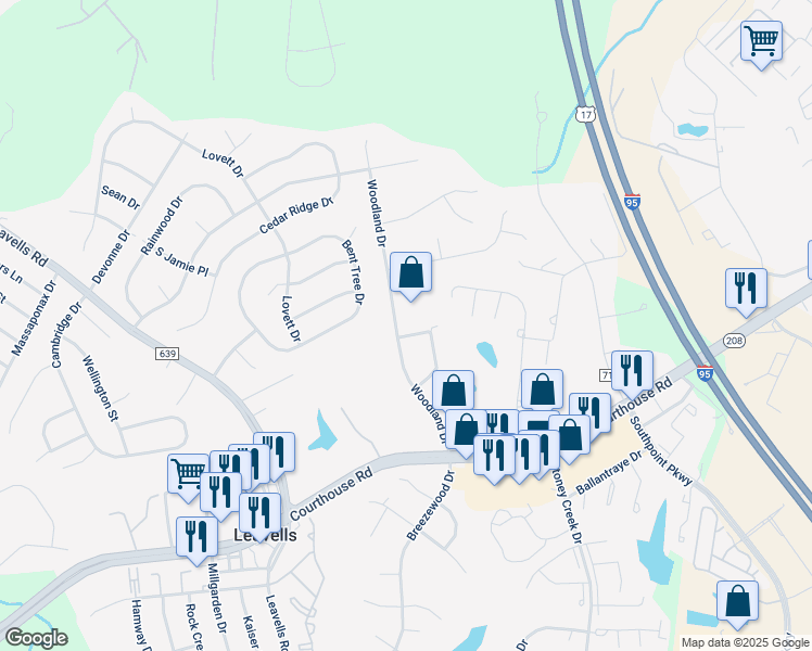 map of restaurants, bars, coffee shops, grocery stores, and more near 5309 Eastland Drive in Fredericksburg