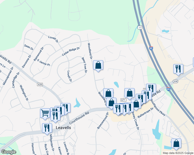 map of restaurants, bars, coffee shops, grocery stores, and more near 5309 Eastland Drive in Fredericksburg
