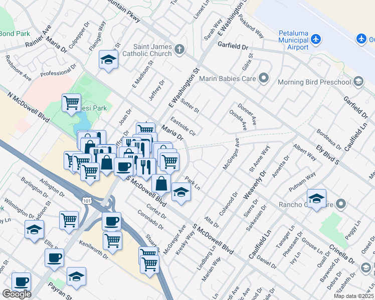 map of restaurants, bars, coffee shops, grocery stores, and more near Maria Drive & Greenbriar Circle in Petaluma