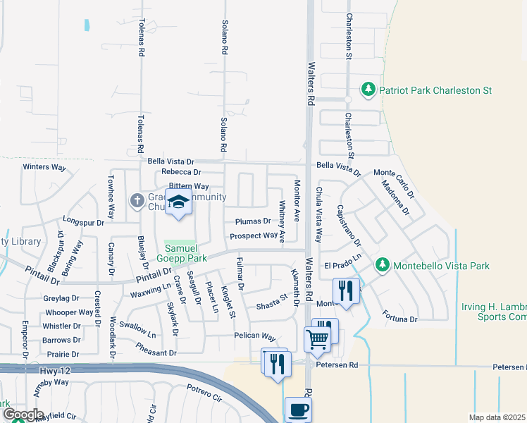 map of restaurants, bars, coffee shops, grocery stores, and more near 1431 Langley Way in Suisun City