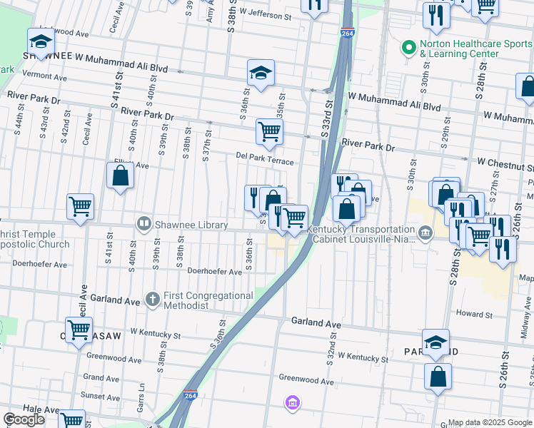 map of restaurants, bars, coffee shops, grocery stores, and more near 652 South 35th Street in Louisville