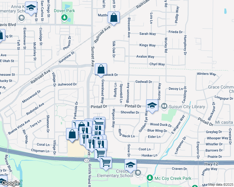 map of restaurants, bars, coffee shops, grocery stores, and more near 817 Ruddy Lane in Suisun City