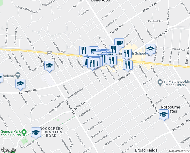 map of restaurants, bars, coffee shops, grocery stores, and more near 3700 Lexington Road in Louisville