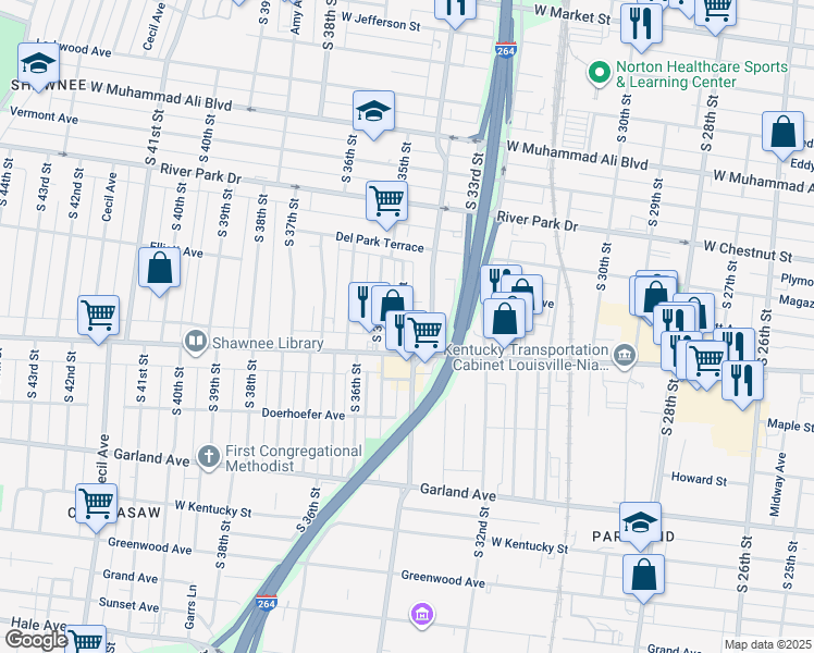 map of restaurants, bars, coffee shops, grocery stores, and more near 667 Madelon Court in Louisville