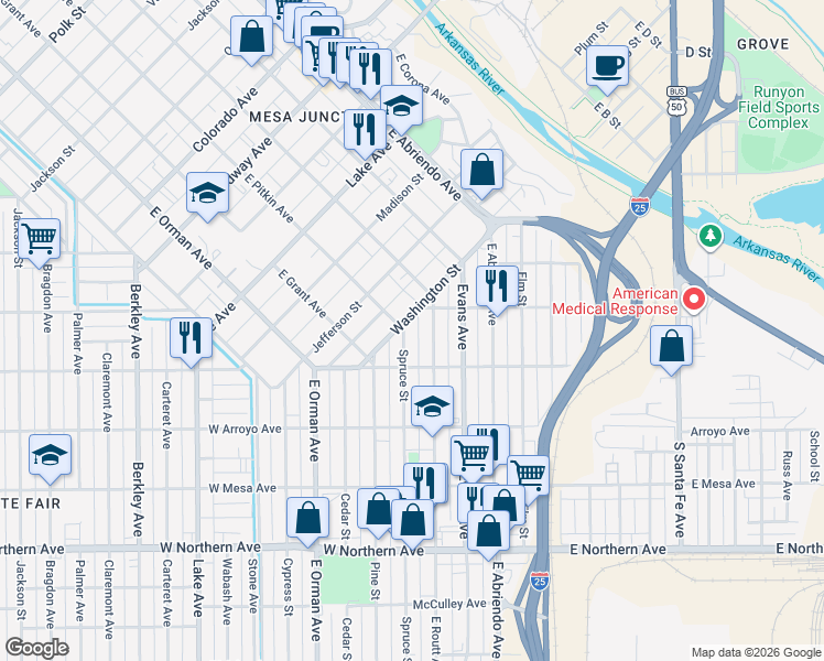 map of restaurants, bars, coffee shops, grocery stores, and more near 329 Washington Street in Pueblo