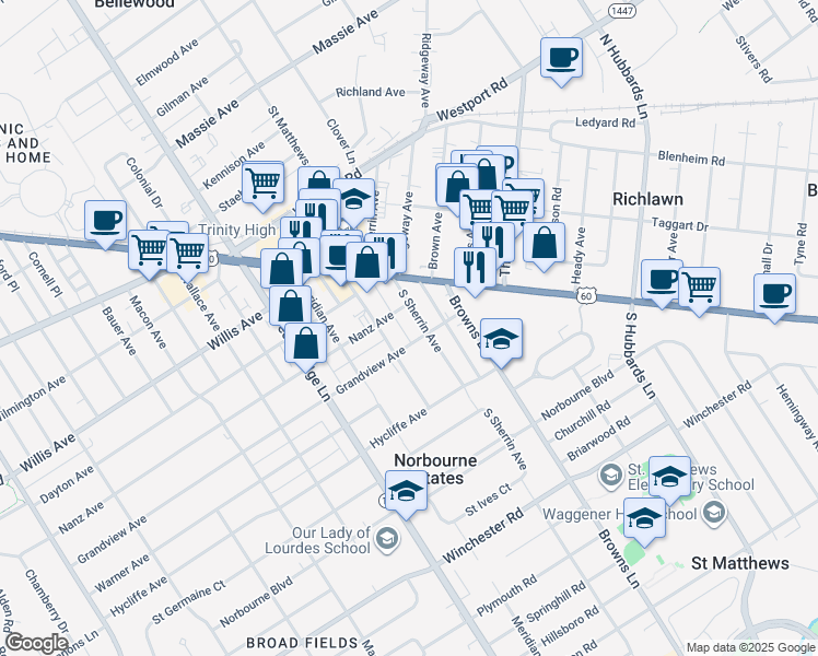 map of restaurants, bars, coffee shops, grocery stores, and more near 124 South Sherrin Avenue in Saint Matthews
