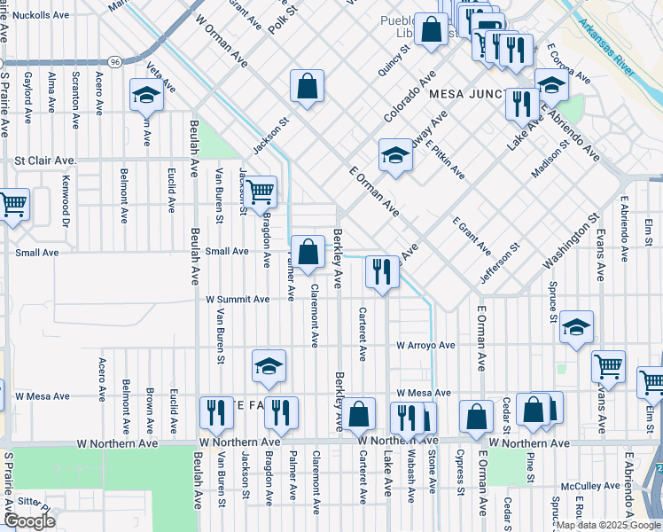 map of restaurants, bars, coffee shops, grocery stores, and more near 905 Berkley Avenue in Pueblo
