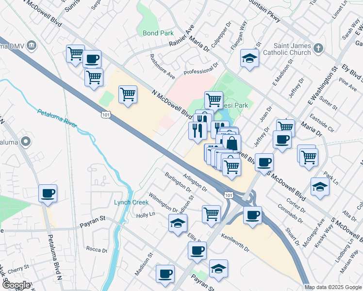map of restaurants, bars, coffee shops, grocery stores, and more near 333 North McDowell Boulevard in Petaluma