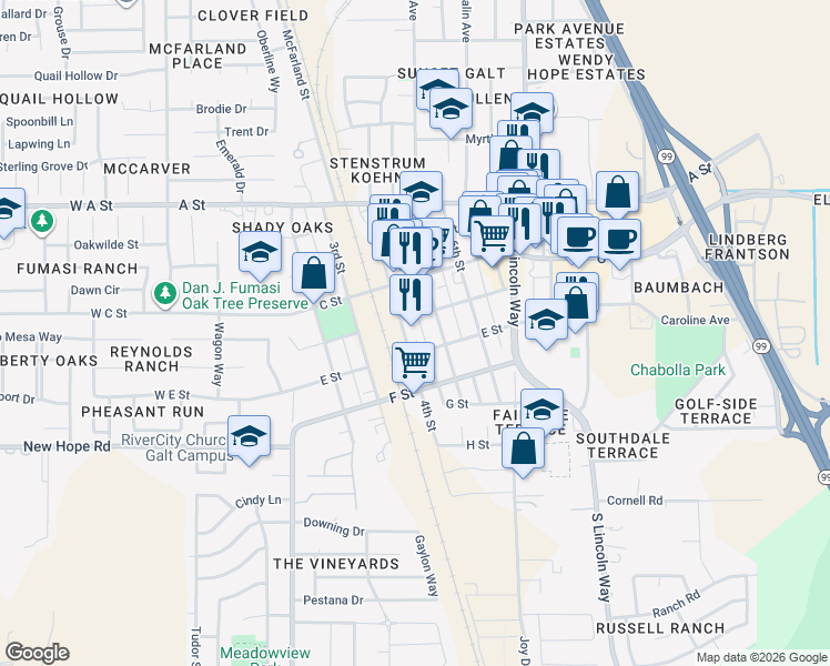 map of restaurants, bars, coffee shops, grocery stores, and more near 216 D Street in Galt