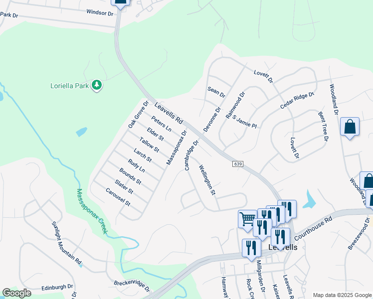 map of restaurants, bars, coffee shops, grocery stores, and more near 5609 Cambridge Dr in Fredericksburg