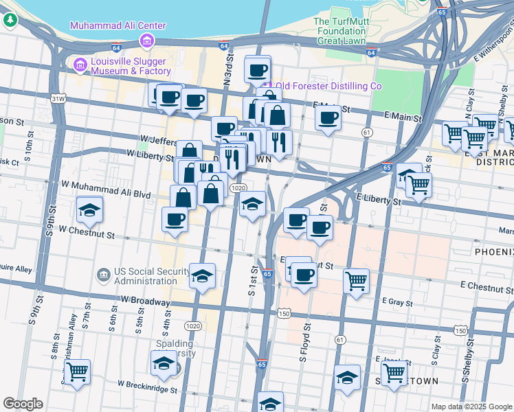 map of restaurants, bars, coffee shops, grocery stores, and more near 429 South 2nd Street in Louisville