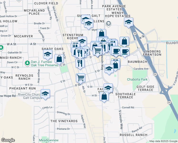 map of restaurants, bars, coffee shops, grocery stores, and more near 405 5th Street in Galt