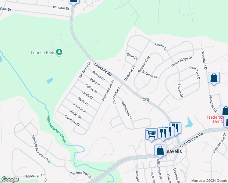 map of restaurants, bars, coffee shops, grocery stores, and more near 5609 Cambridge Drive in Fredericksburg