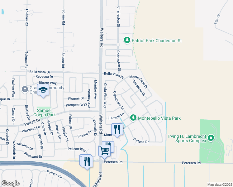map of restaurants, bars, coffee shops, grocery stores, and more near 801 Capistrano Drive in Suisun City