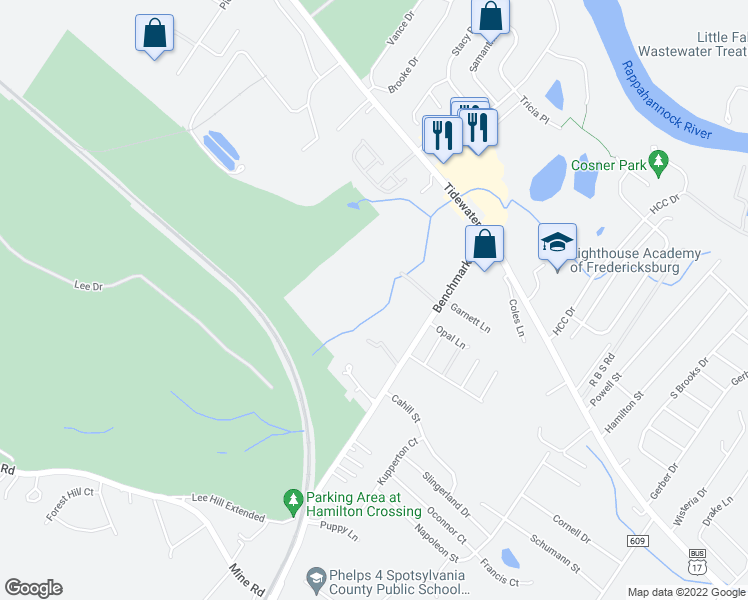 map of restaurants, bars, coffee shops, grocery stores, and more near 10520 Benchmark Road in Fredericksburg