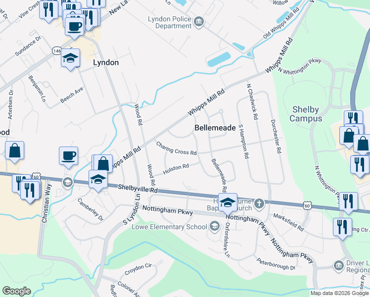 map of restaurants, bars, coffee shops, grocery stores, and more near 8612 Whipps Bend Road in Louisville