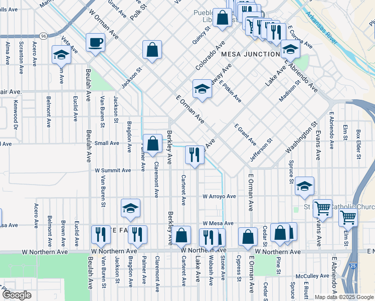 map of restaurants, bars, coffee shops, grocery stores, and more near 6 Small Avenue in Pueblo