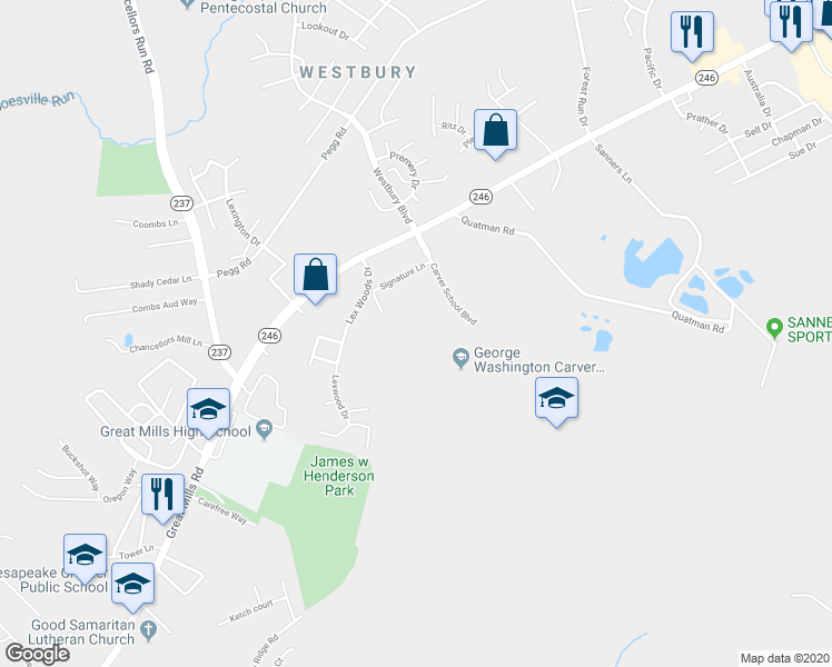 map of restaurants, bars, coffee shops, grocery stores, and more near Mayfaire Lane in Lexington Park