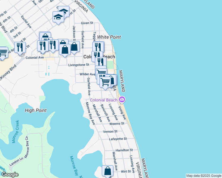 map of restaurants, bars, coffee shops, grocery stores, and more near 100 Taylor Street in Colonial Beach