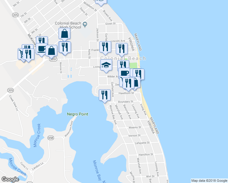 map of restaurants, bars, coffee shops, grocery stores, and more near 123 Garfield Avenue in Colonial Beach