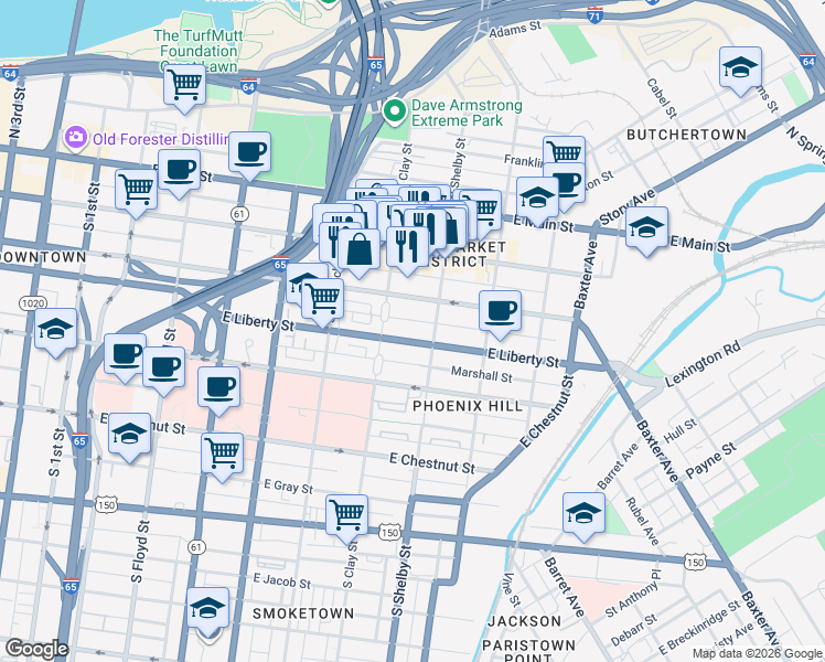 map of restaurants, bars, coffee shops, grocery stores, and more near 320 South Shelby Street in Louisville