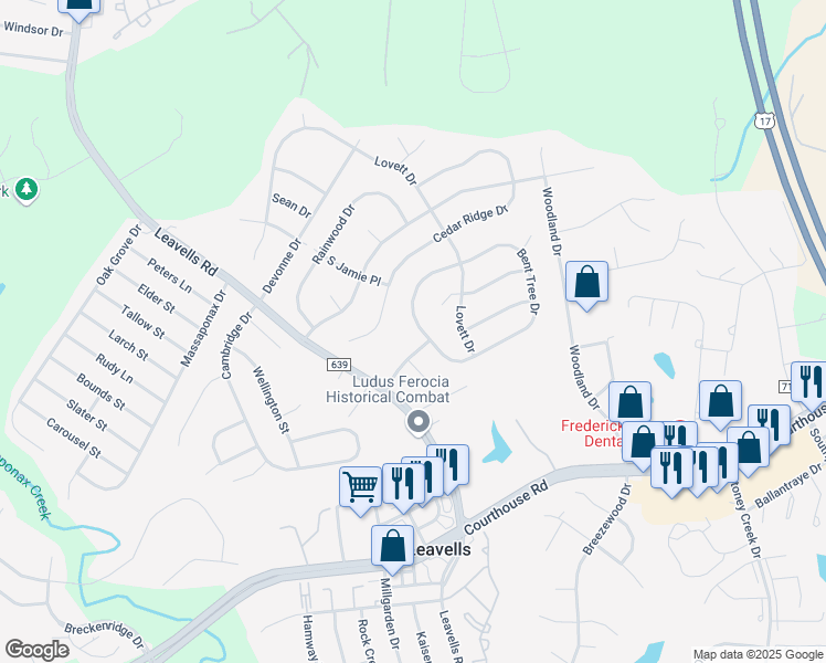 map of restaurants, bars, coffee shops, grocery stores, and more near 10702 Bent Tree Drive in Fredericksburg